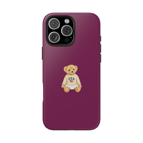 Magenta phone case with teddy bear USA graphic, centered back and camera cutouts