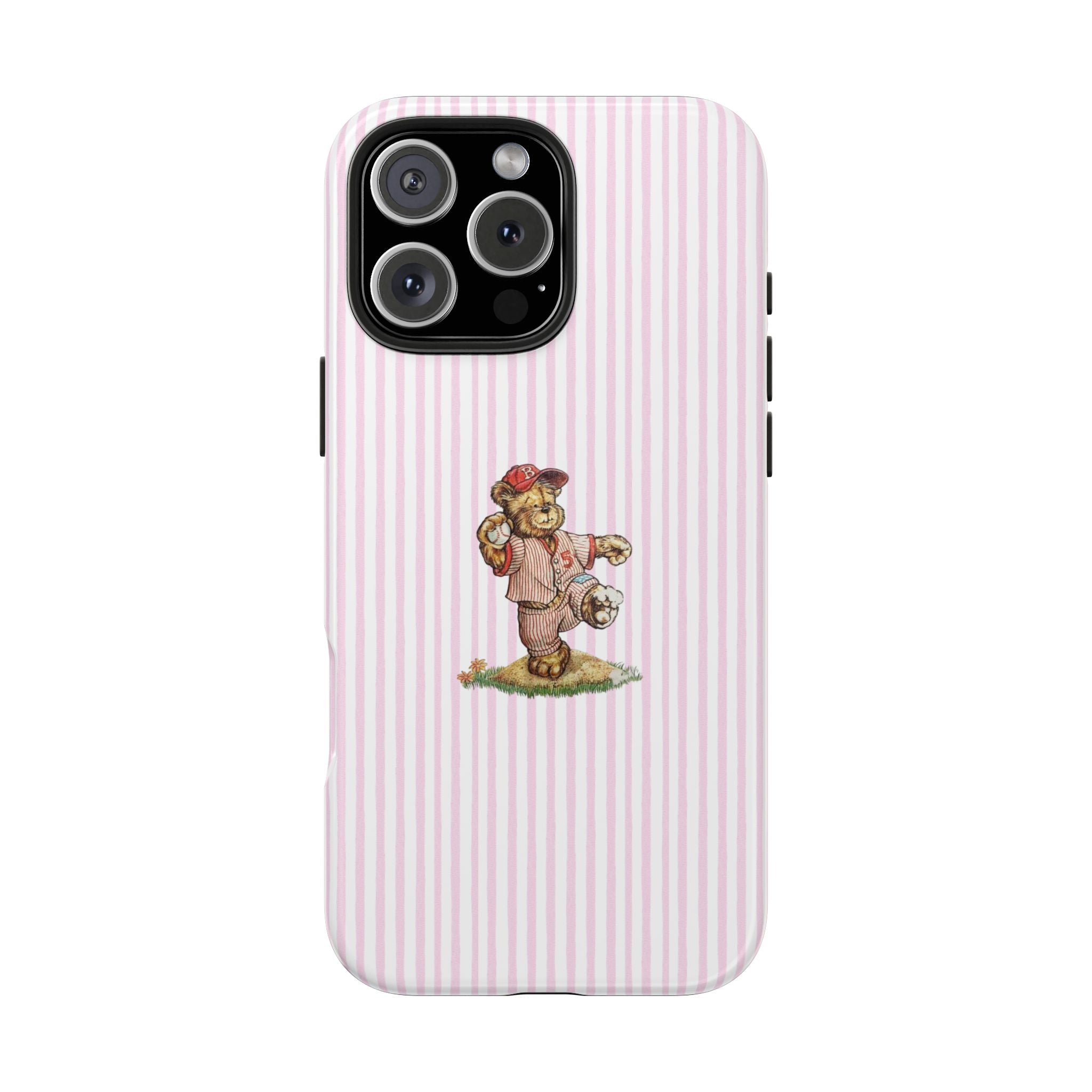 Pink striped phone case with cartoon teddy bear baseball player graphic