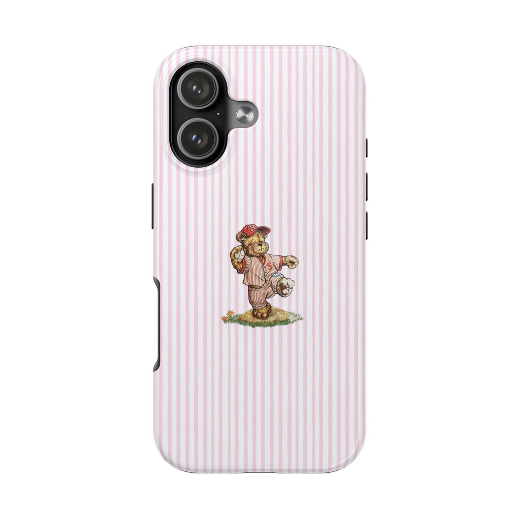 Pink striped phone case with cartoon teddy bear baseball player, side angle