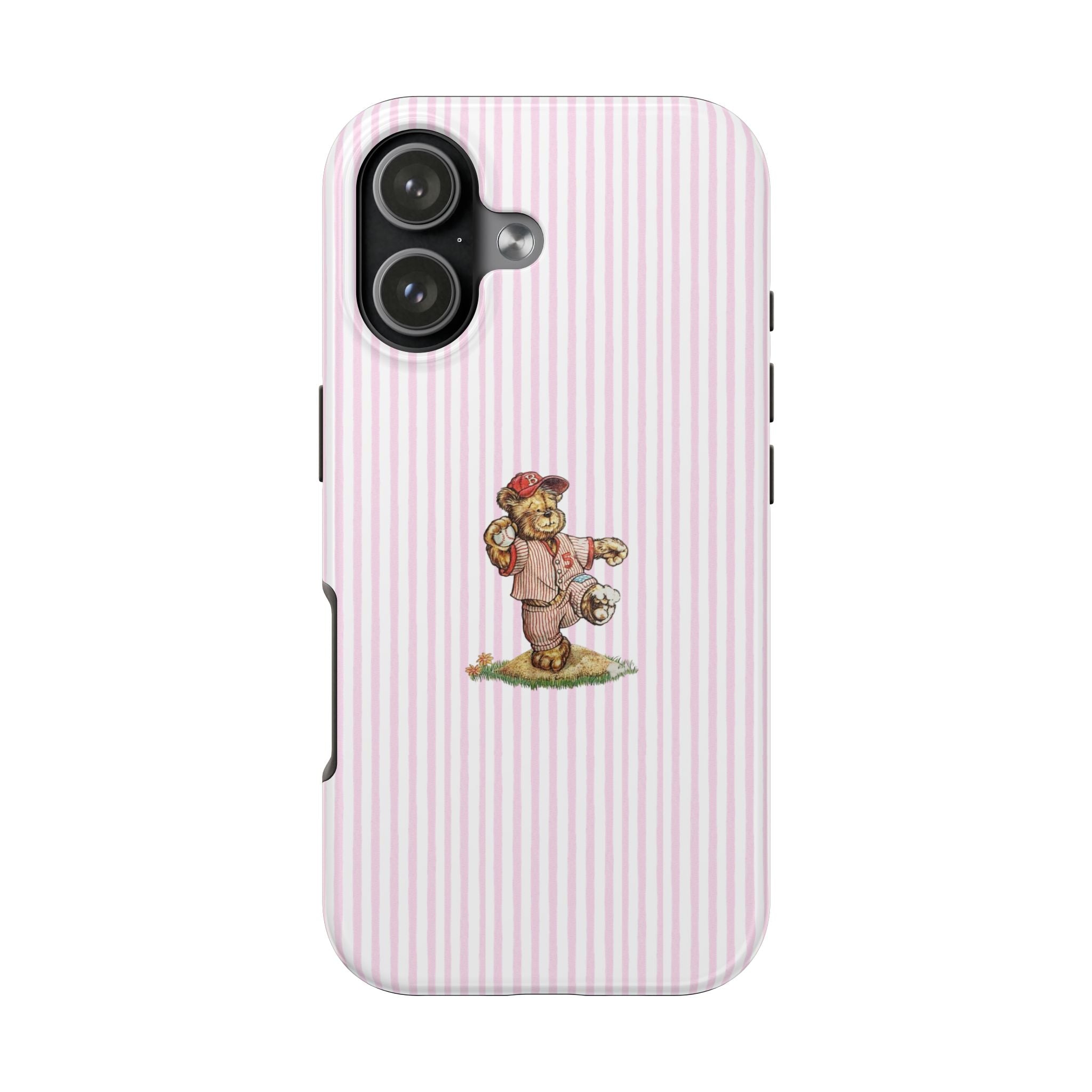 Pink striped phone case with cartoon teddy bear baseball player, side angle