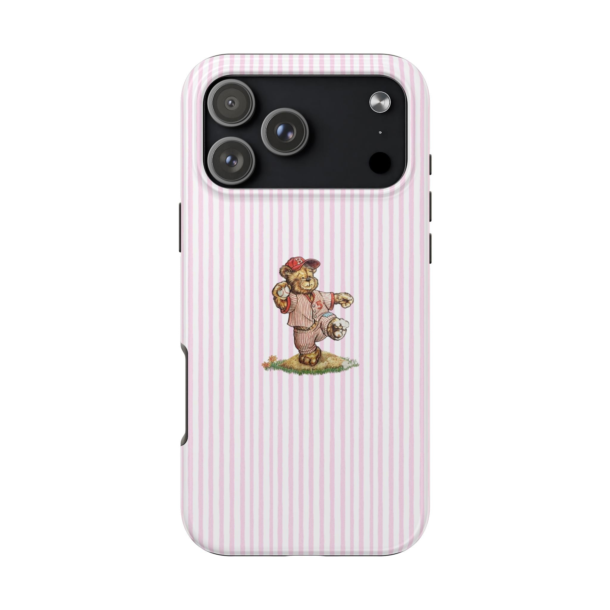 Pink striped phone case with teddy bear baseball player graphic and raised camera