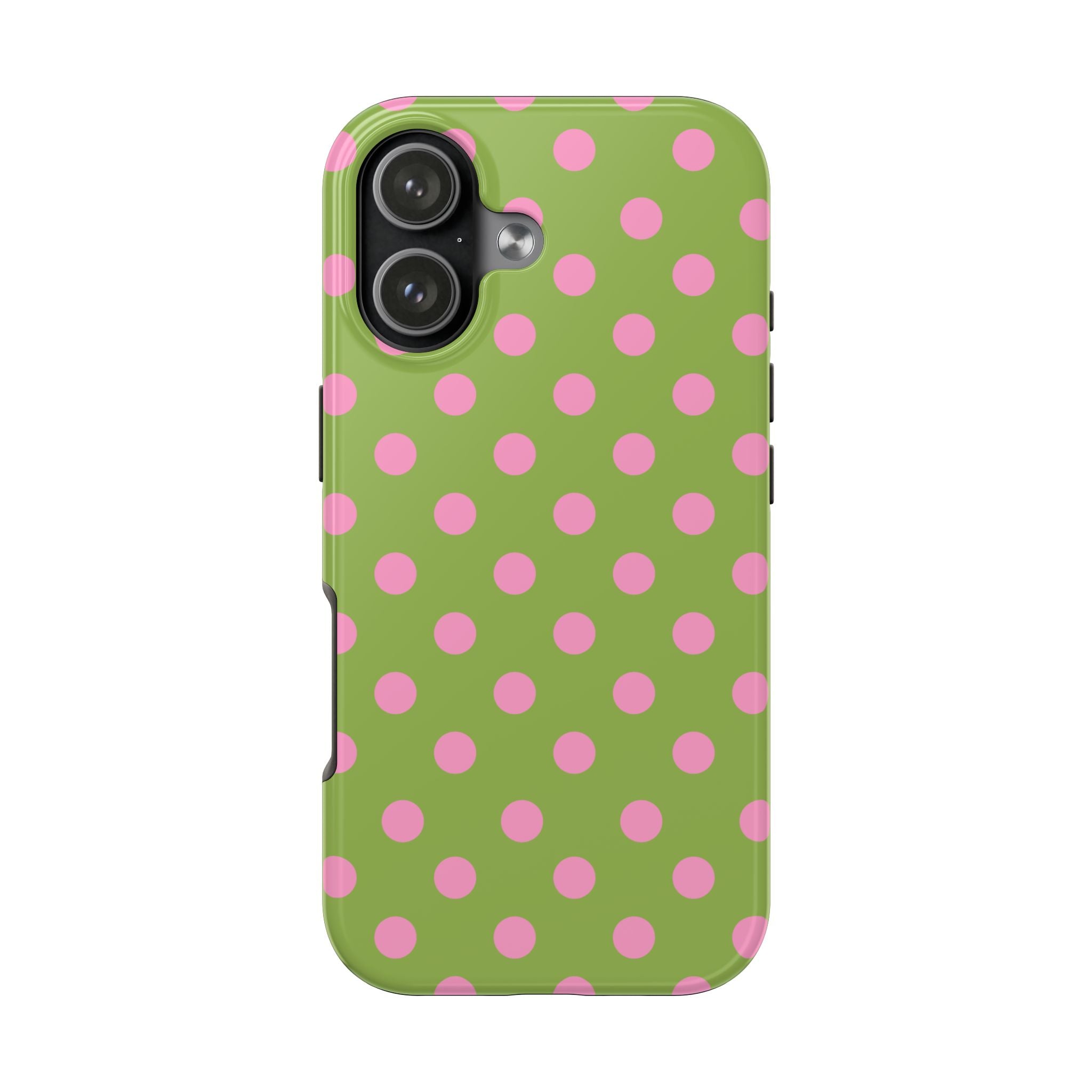 Green phone case with pink polka dots and raised camera cutouts