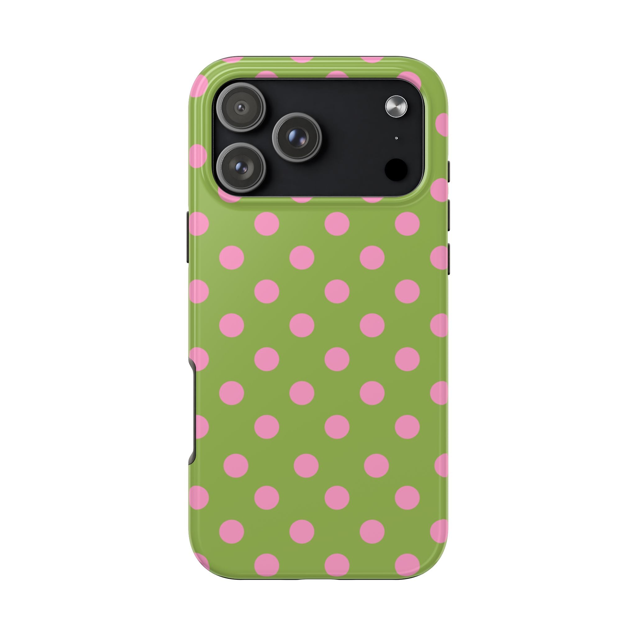 Green phone case with pink polka dots and rounded side button openings