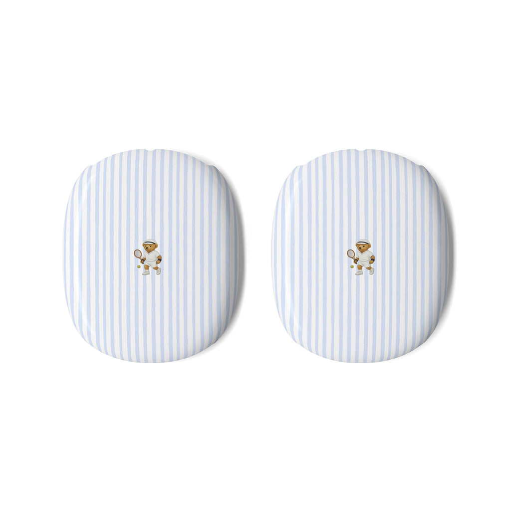 Blue-and-white striped teddy bear ear cover pair for AirPods Max headphones