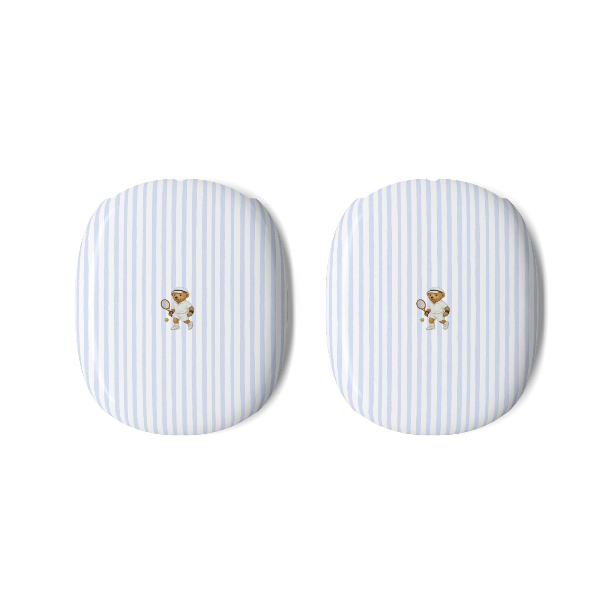 Blue-and-white striped teddy bear ear cover pair for AirPods Max headphones