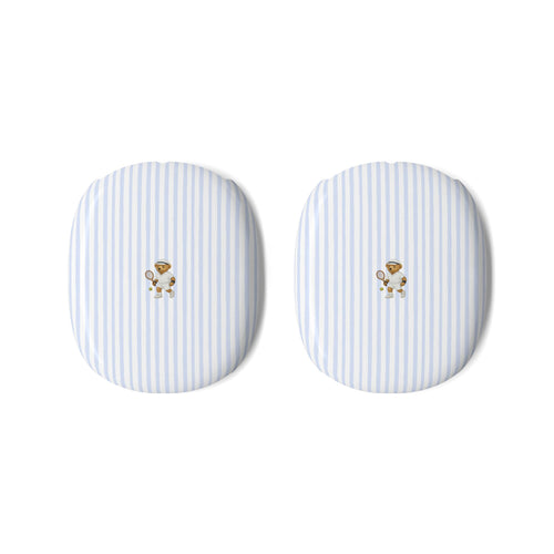 Blue-and-white striped teddy bear ear cover pair for AirPods Max headphones