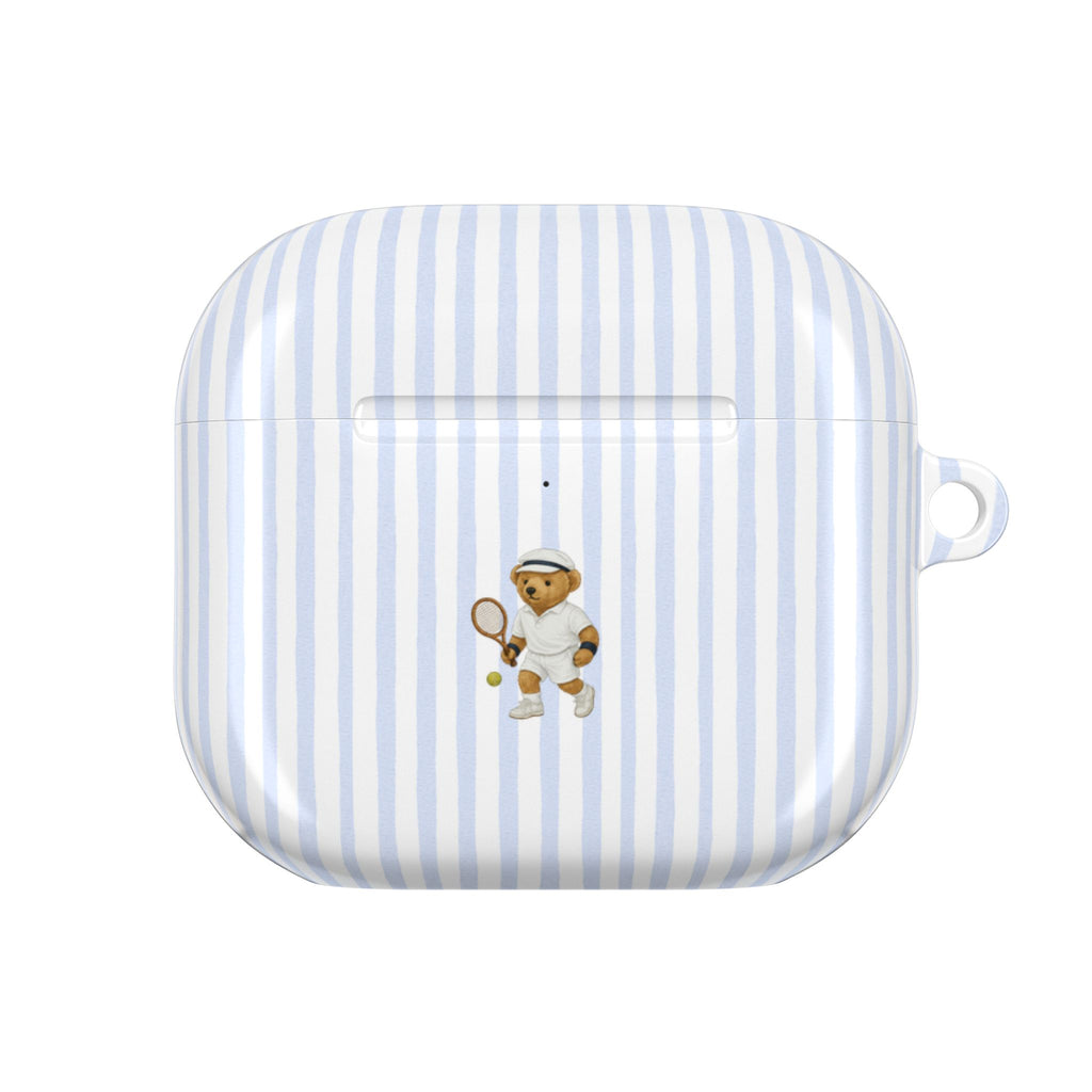 Light blue striped AirPods case with teddy bear tennis emblem and charging cutout