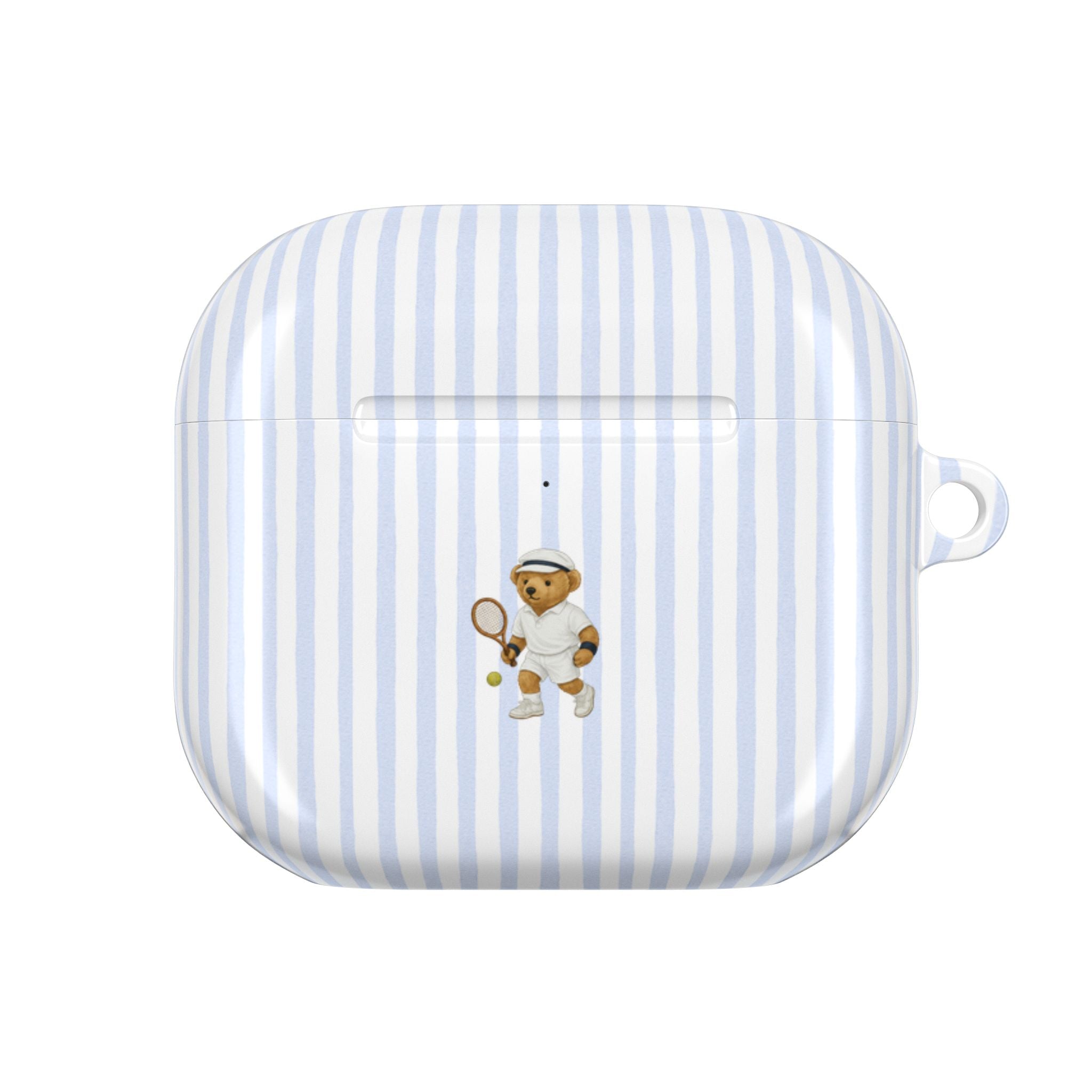 Light blue striped AirPods case with teddy bear tennis emblem and charging cutout