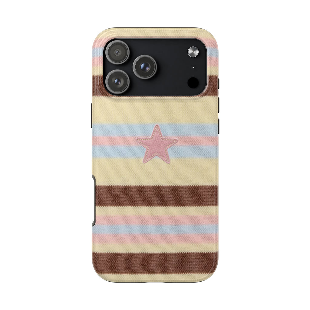 Pastel striped phone case with pink star motif, cutouts for camera and flash