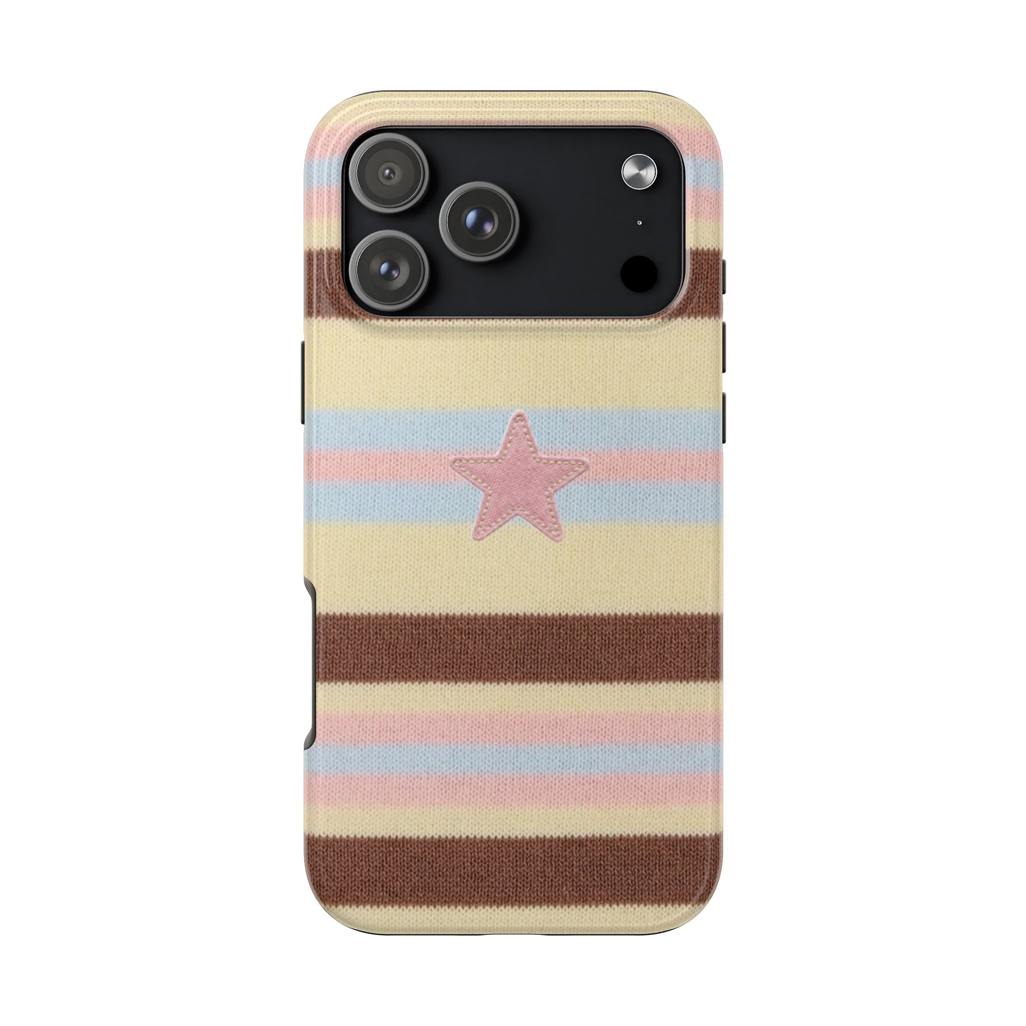 Pastel striped phone case with pink star motif, cutouts for camera and flash