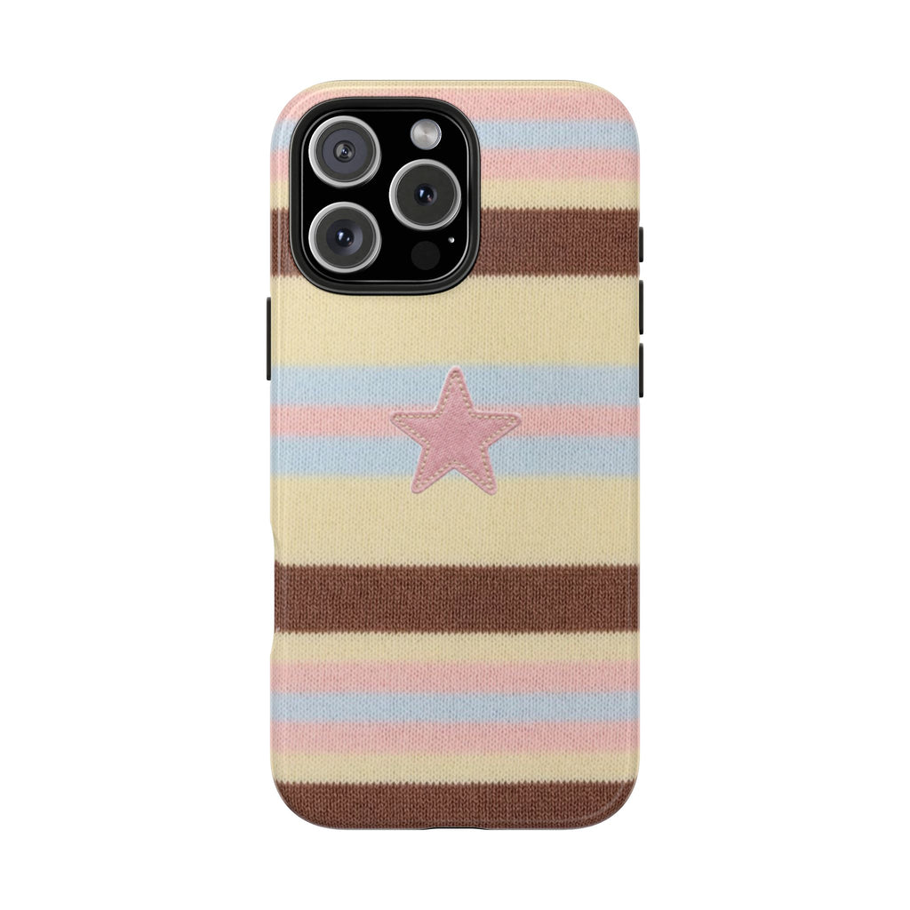 Pastel striped phone case with pink star, camera cutout and raised edges
