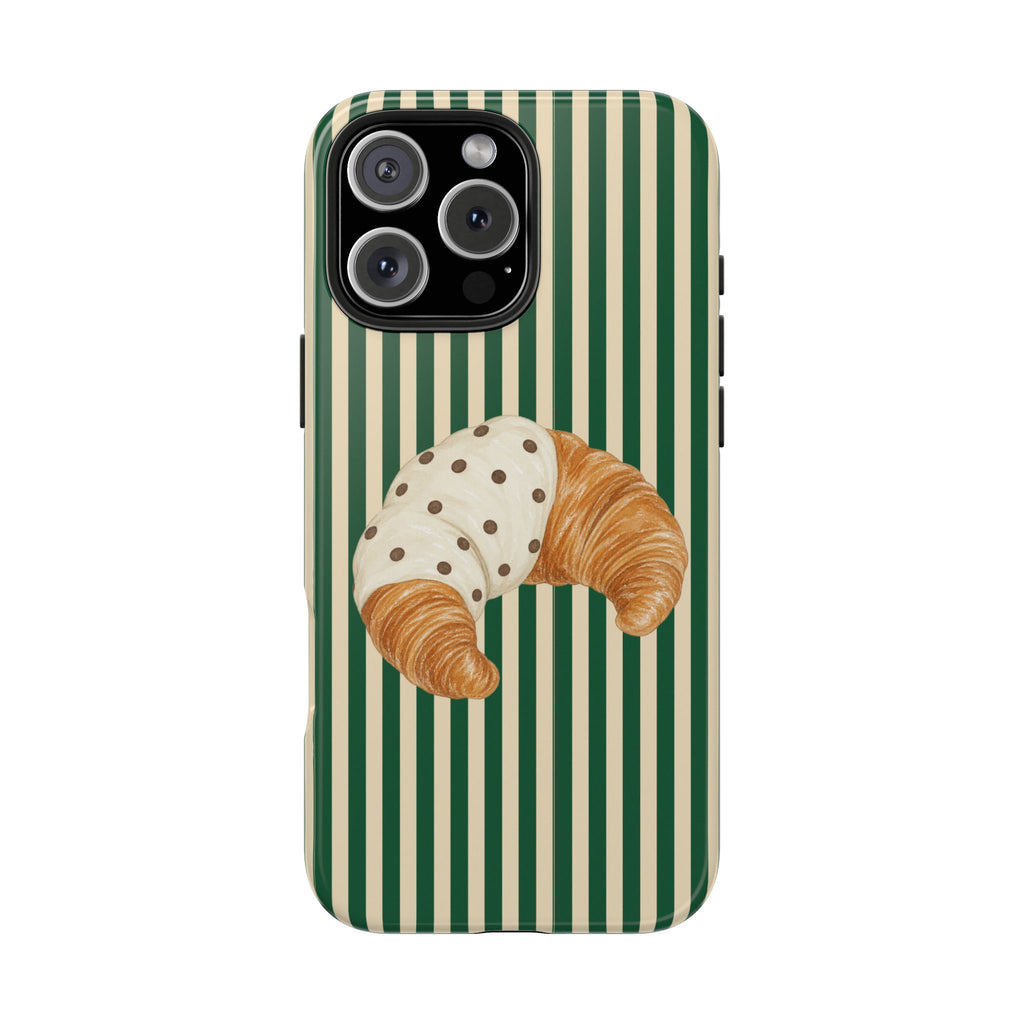 Green and cream vertical stripe phone case with croissant graphic and polka-dot cap