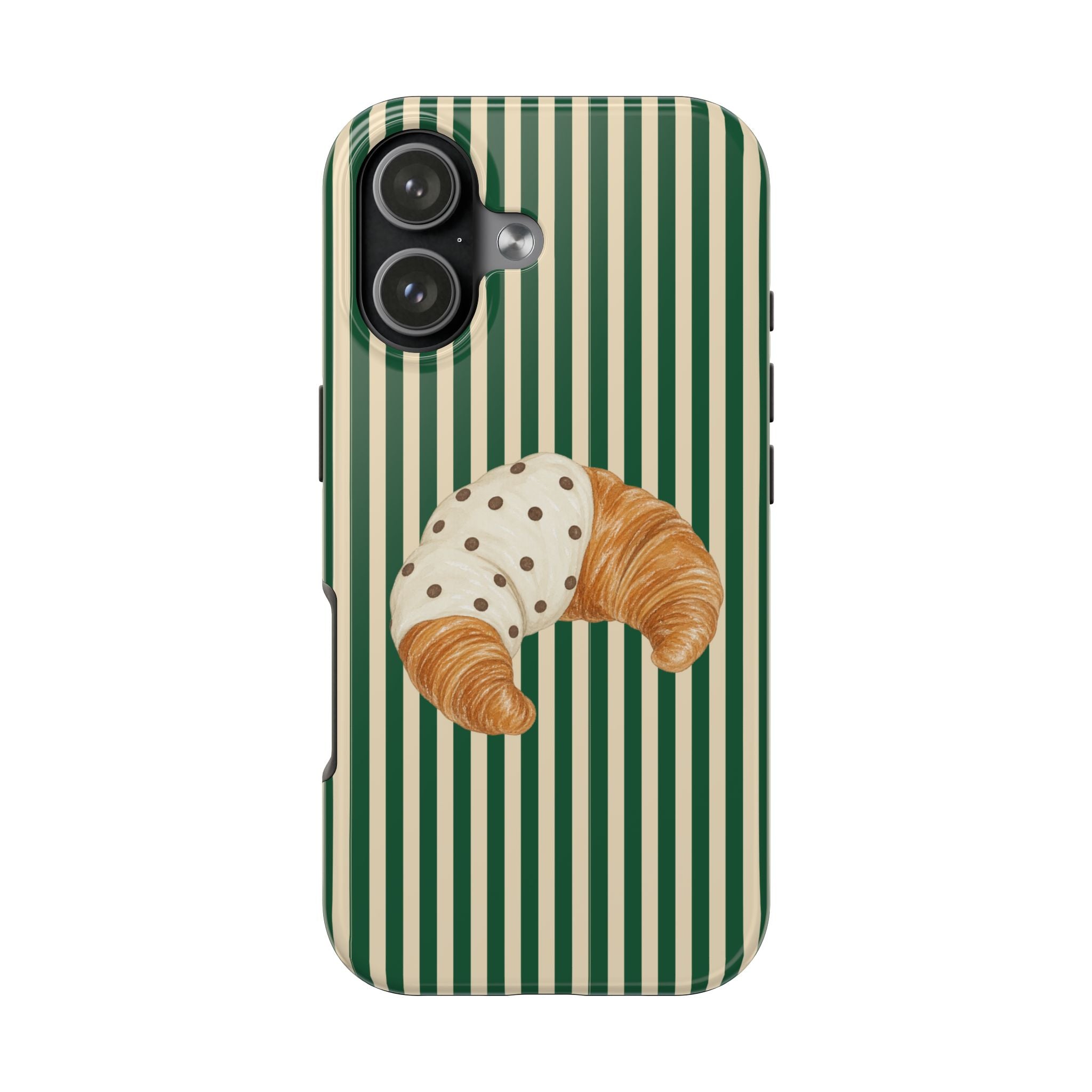 Green and cream striped phone case featuring a croissant graphic and polka-dot topping