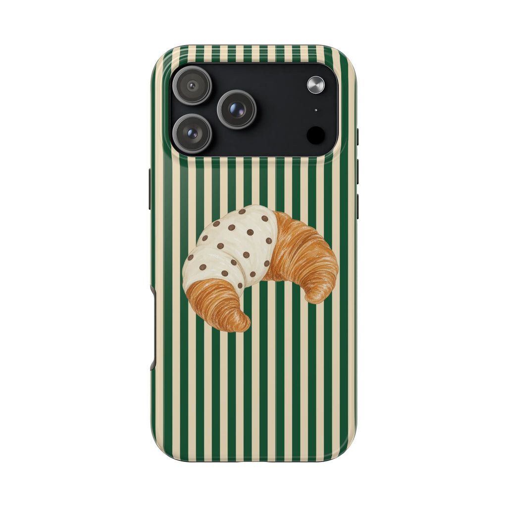 Croissant and polka-dot phone case with green and cream vertical stripes and camera cutouts