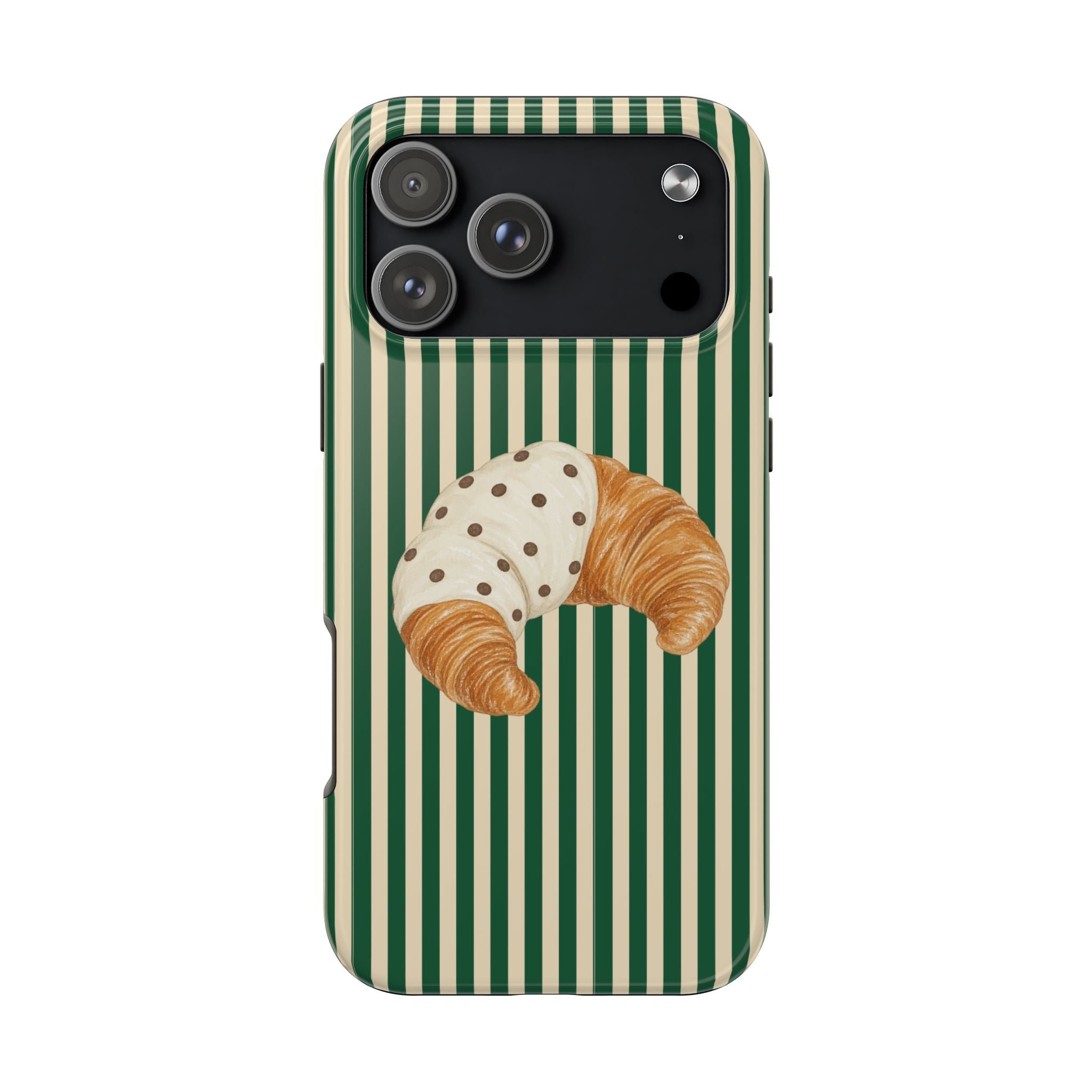 Croissant and polka-dot phone case with green and cream vertical stripes and camera cutouts
