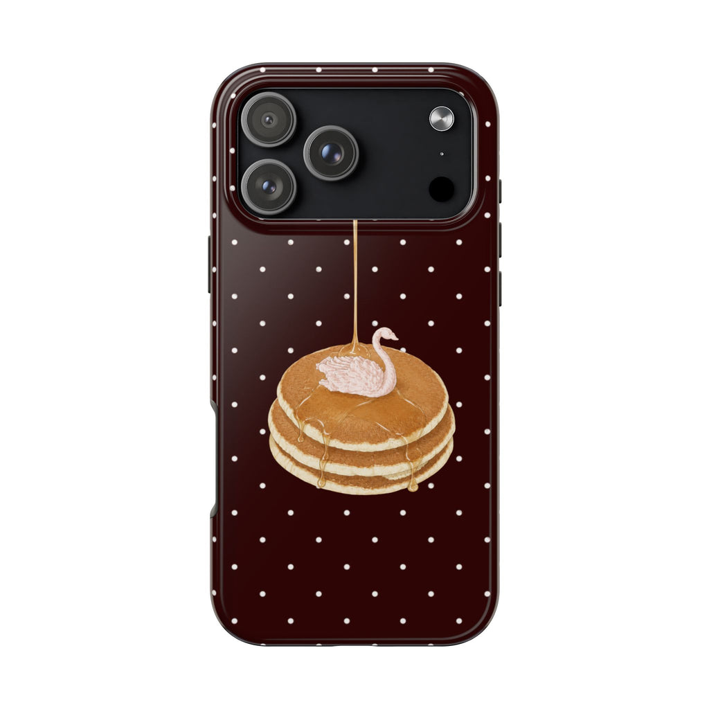 Maroon pancake stack phone case with swan on top and dotted pattern