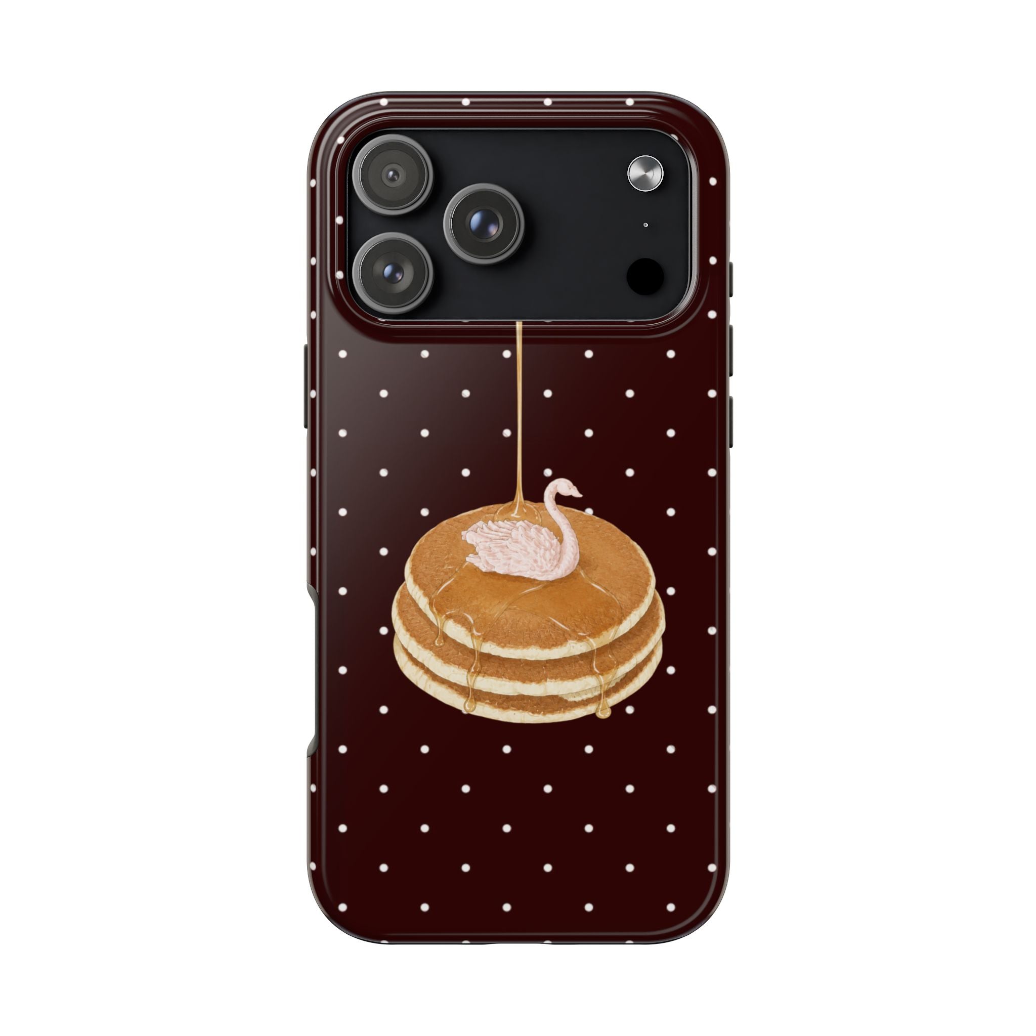 Maroon pancake stack phone case with swan on top and dotted pattern