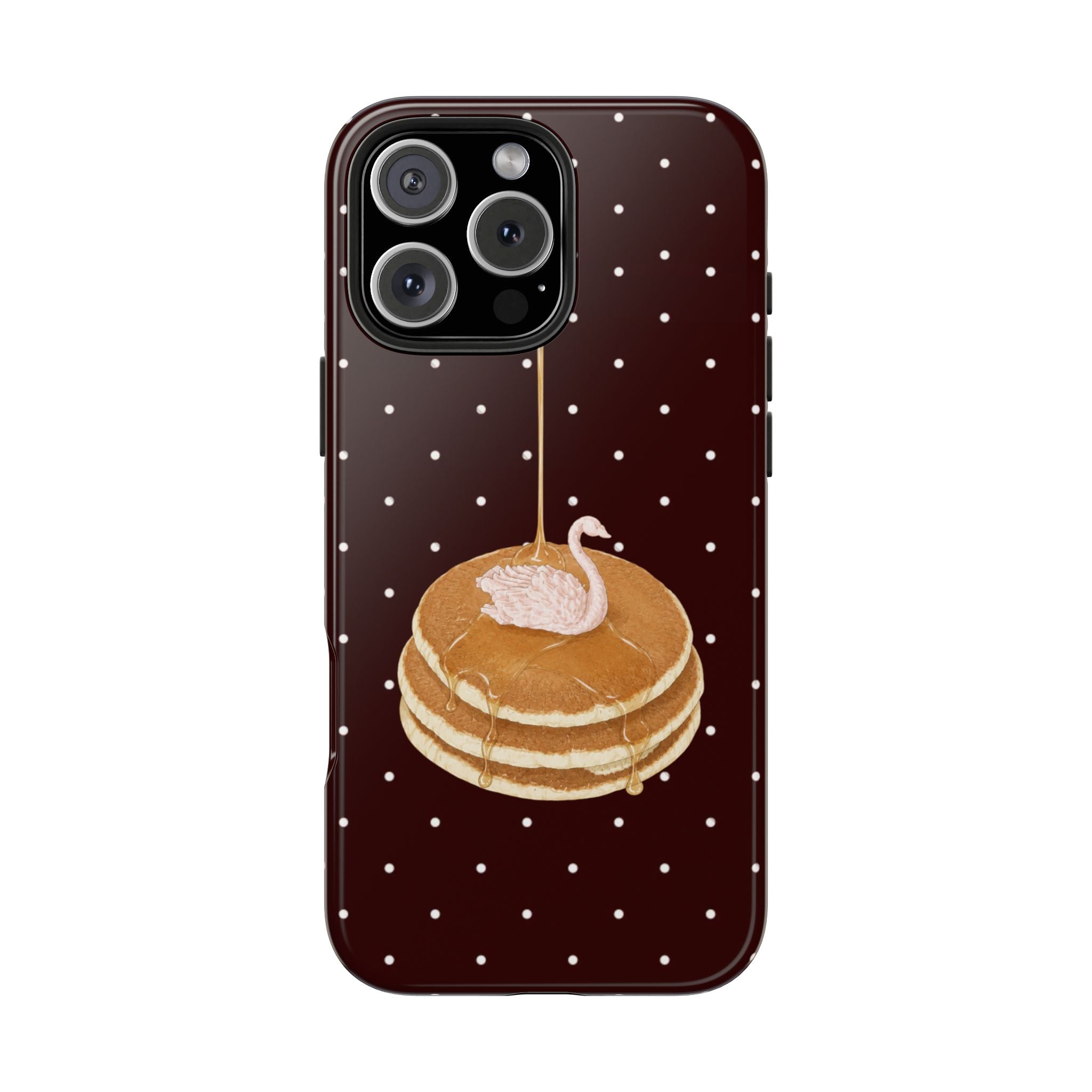 Maroon pancake stack phone case with swan topping and white dot pattern