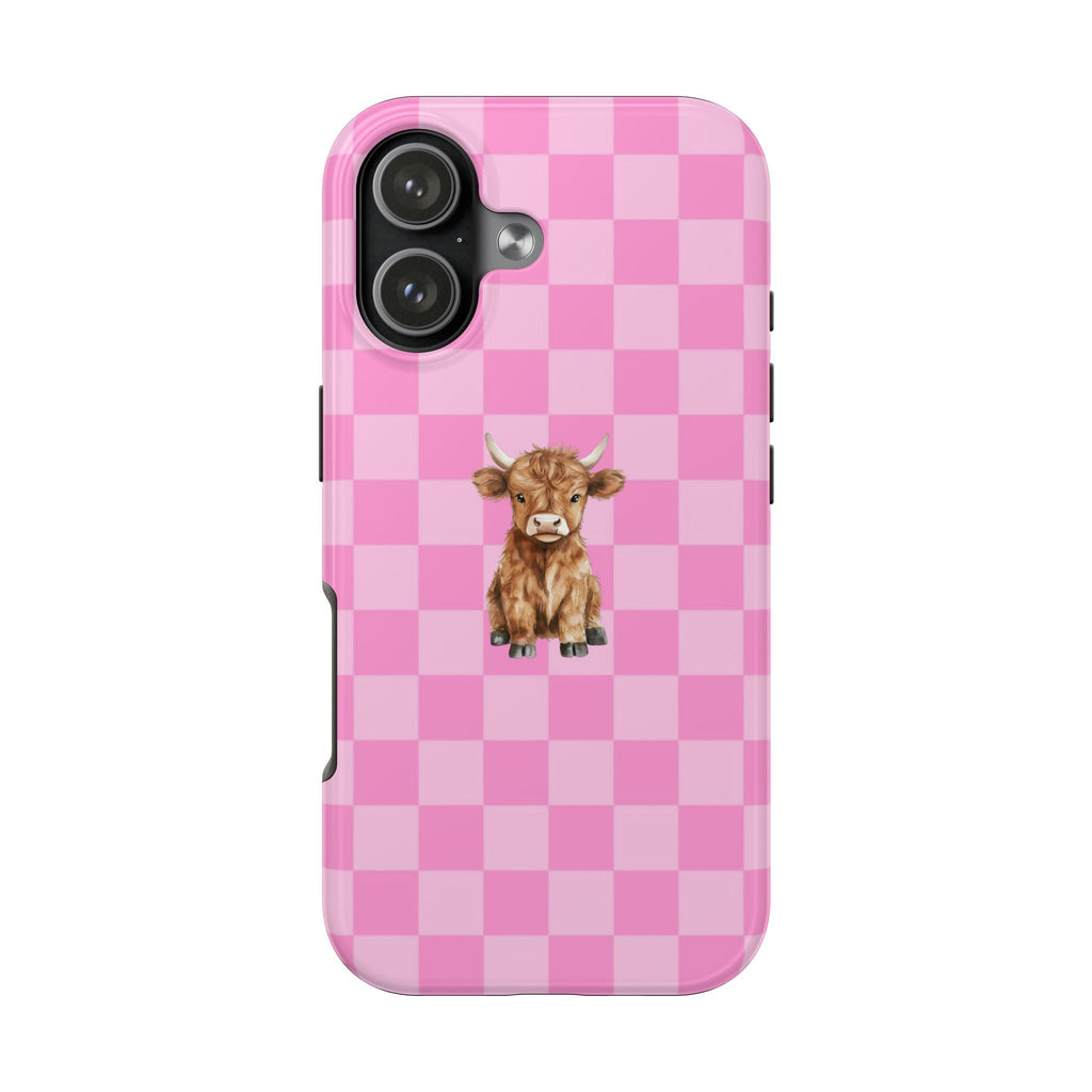 Pink checker western phone case with Highland cow graphic and camera cutouts