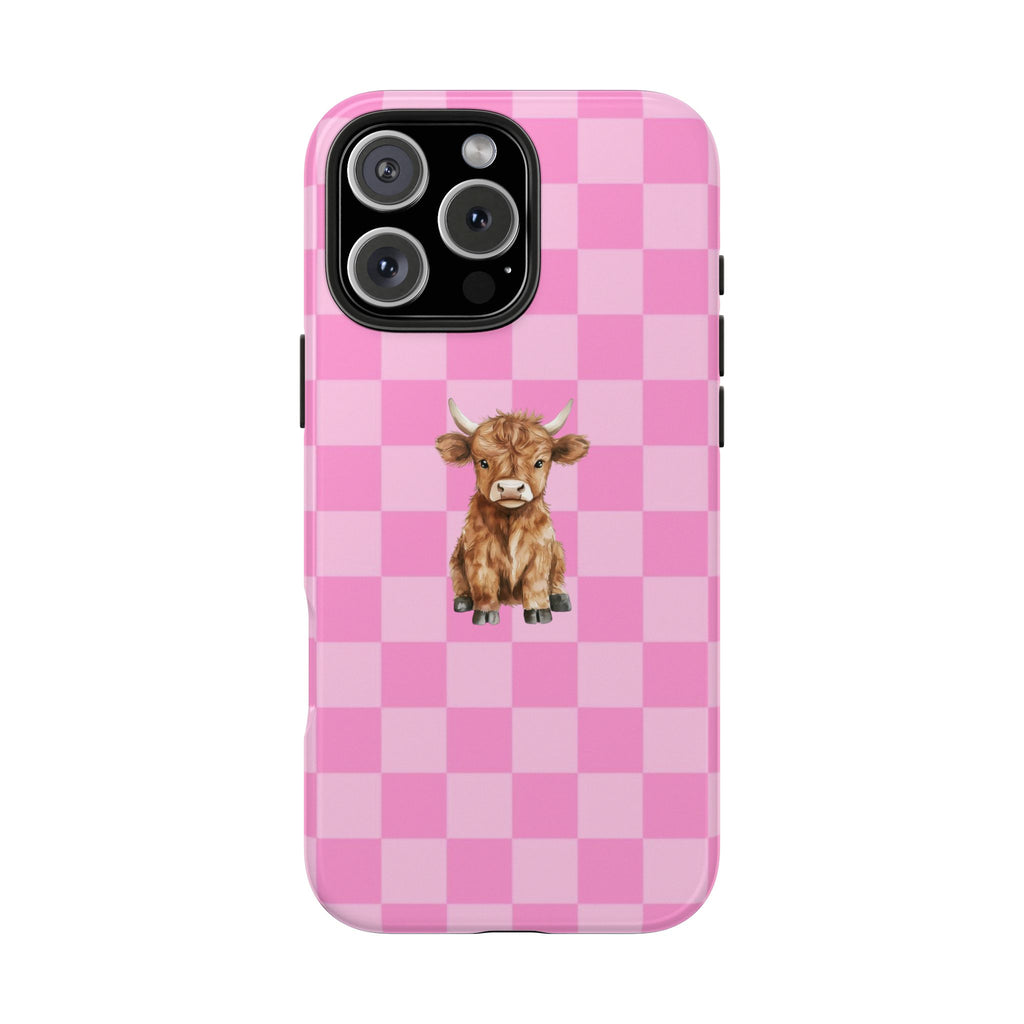Pink checkered phone case featuring a Highland cow graphic with side button cutouts