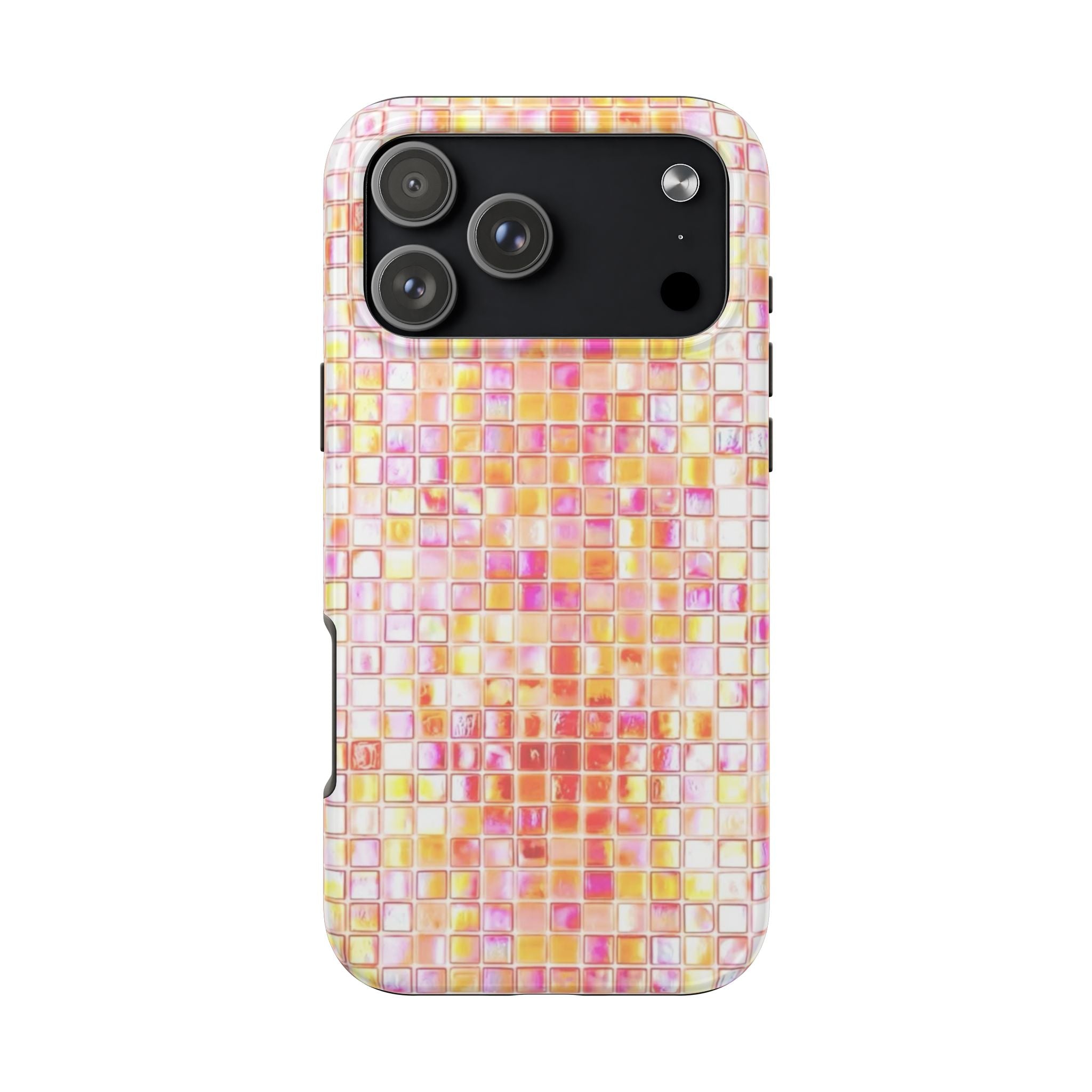 Summer mosaic phone case, pink and orange square tile pattern with camera cutouts