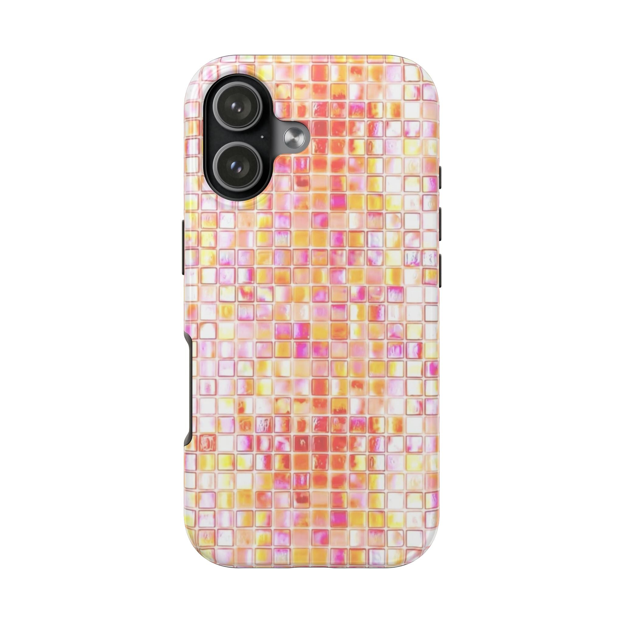Summer mosaic phone case with pink, orange, and purple mosaic tile pattern, raised edges