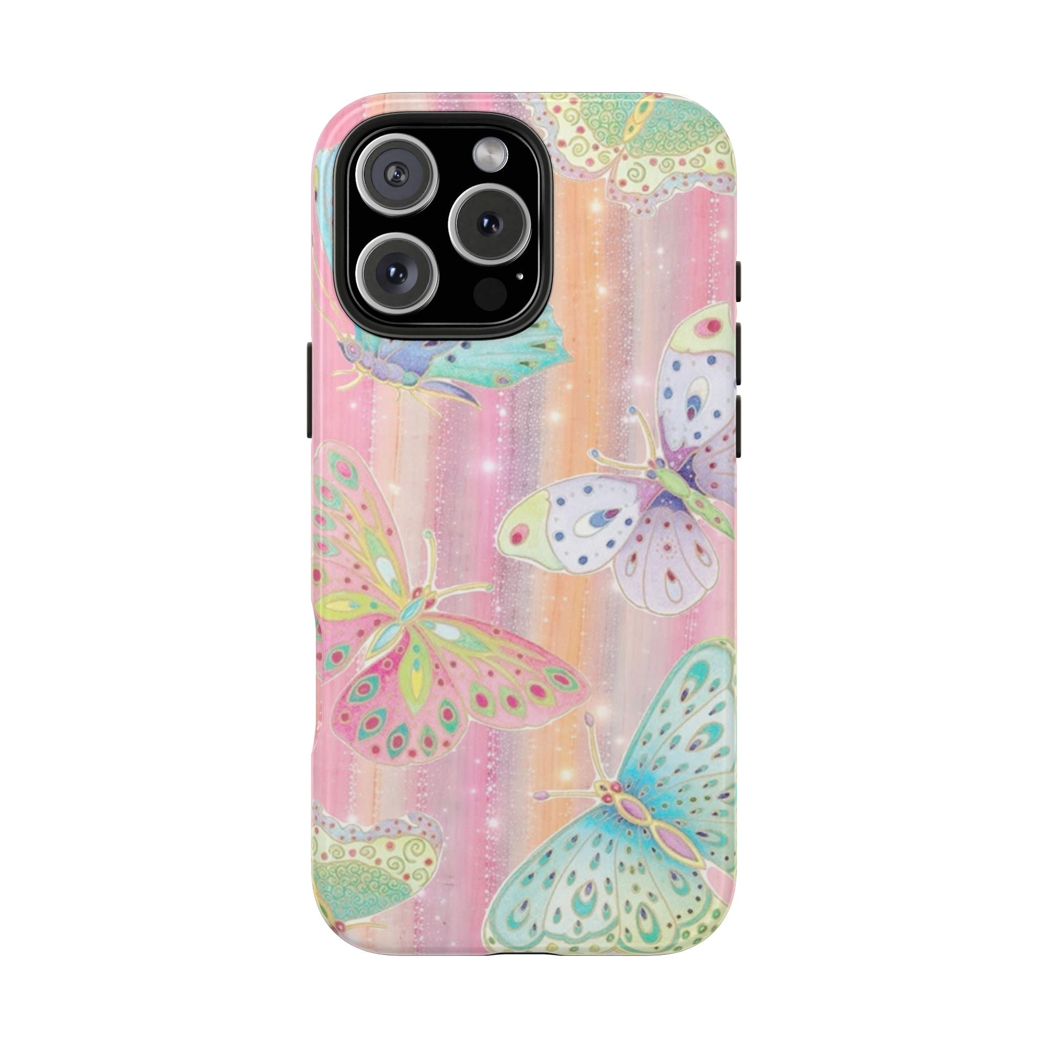 Butterfly fairy phone case with pastel pink background and teal, green butterfly designs