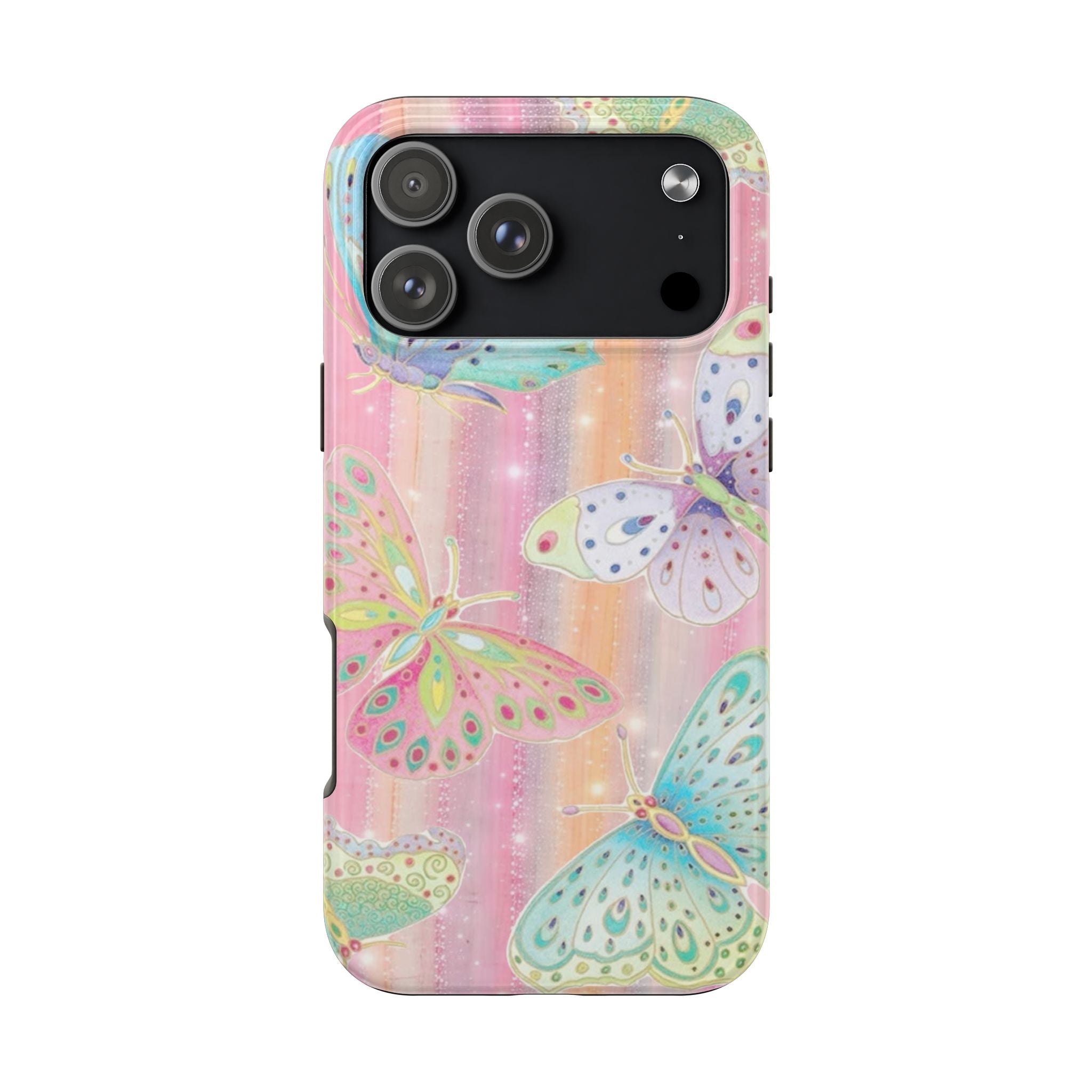 Butterfly fairy phone case showing top camera cutout; pastel pink and teal butterfly art