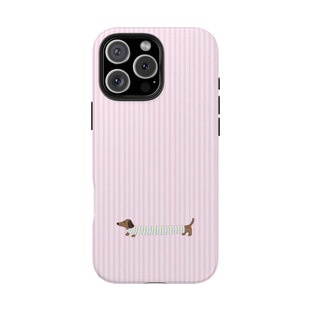 Phone case with pink vertical stripes and a dachshund puppy graphic, camera cutouts