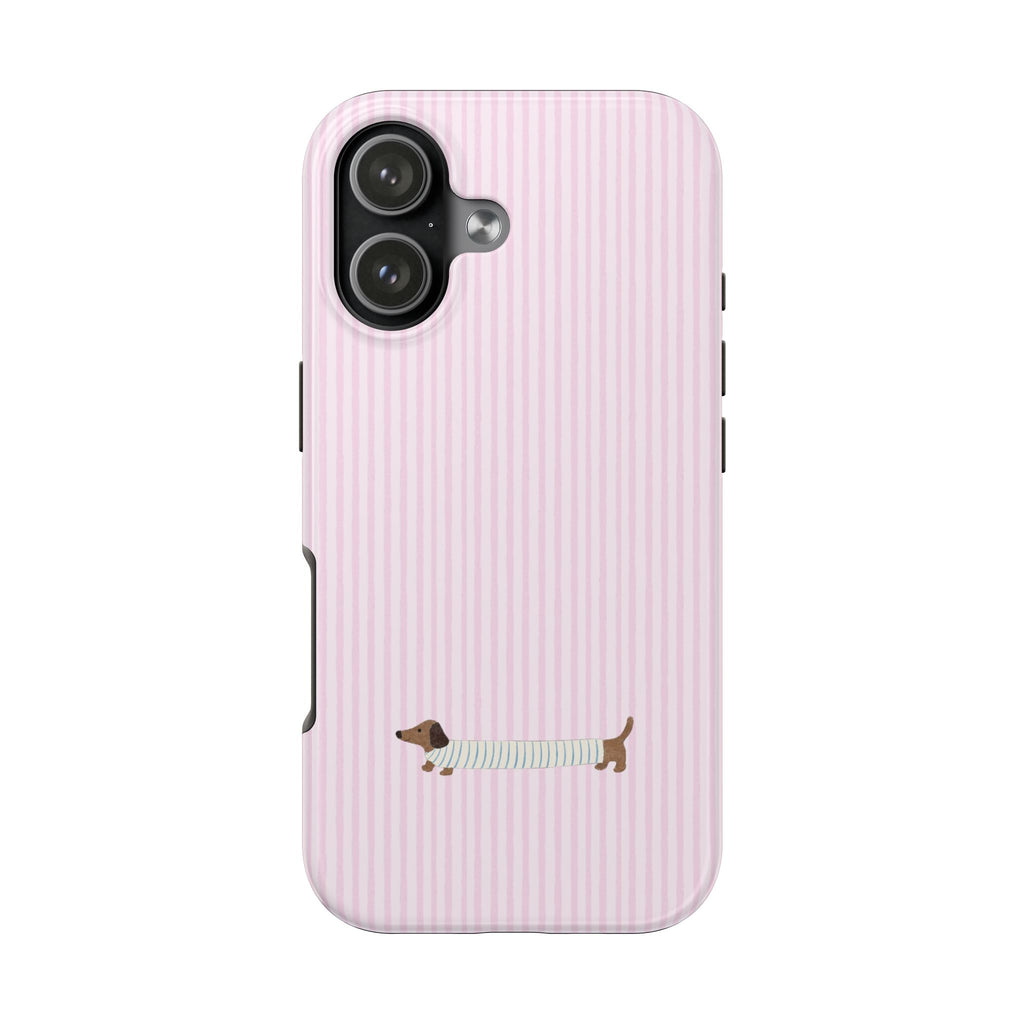 Phone case with pink vertical stripes and dachshund puppy graphic, camera openings visible