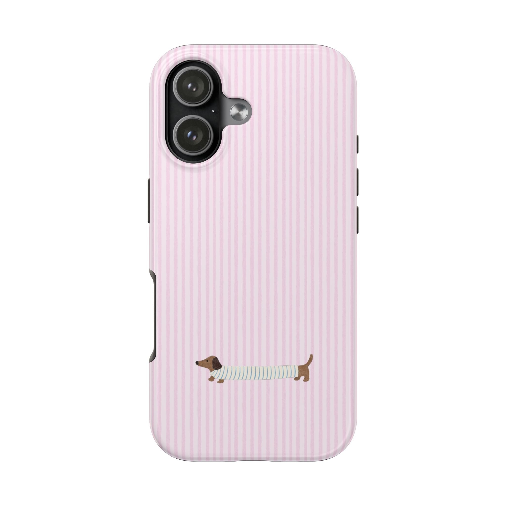 Phone case with pink vertical stripes and dachshund puppy graphic, camera openings visible