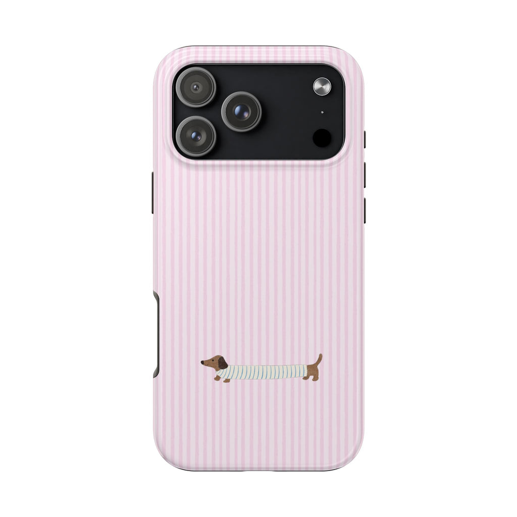 Phone case with pink vertical stripes and dachshund puppy graphic, top camera cutouts