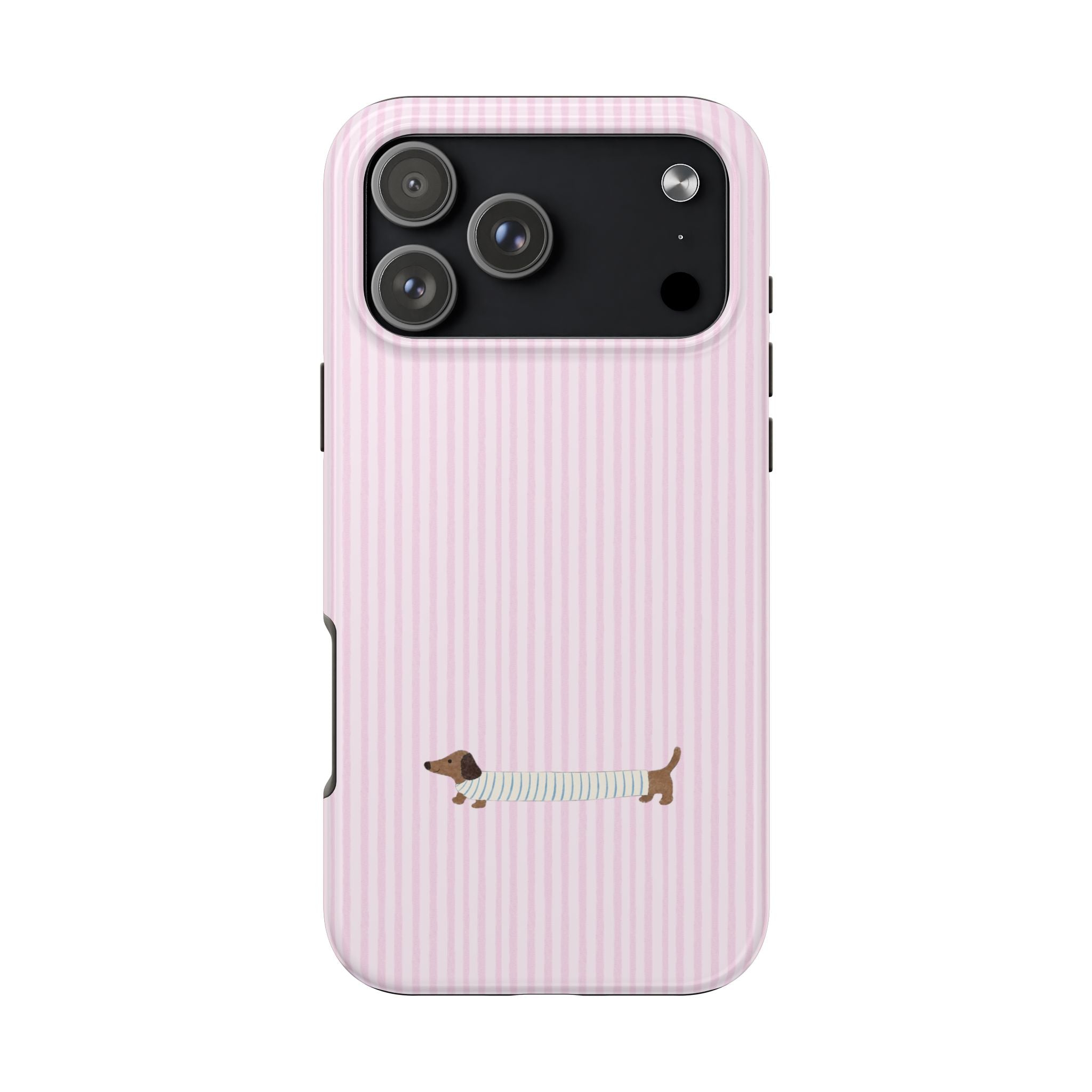 Phone case with pink vertical stripes and dachshund puppy graphic, top camera cutouts