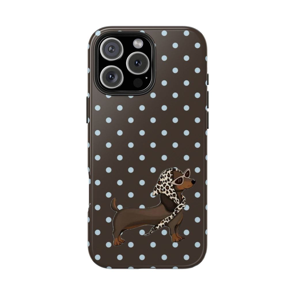 BROWN POLKA DOTS PREPPY DACHSHUND WEENIE DOG PHONE CASE