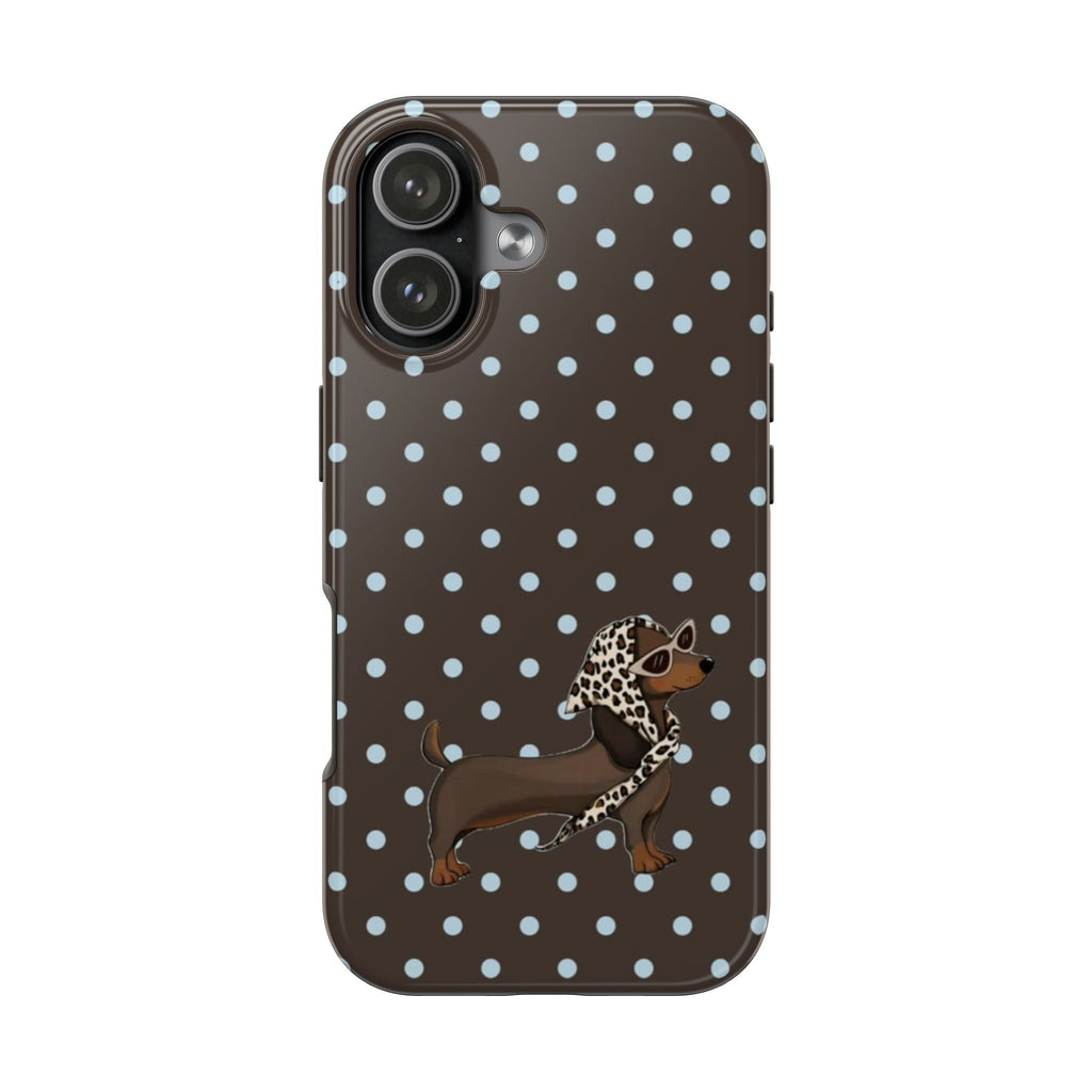 BROWN POLKA DOTS PREPPY DACHSHUND WEENIE DOG PHONE CASE
