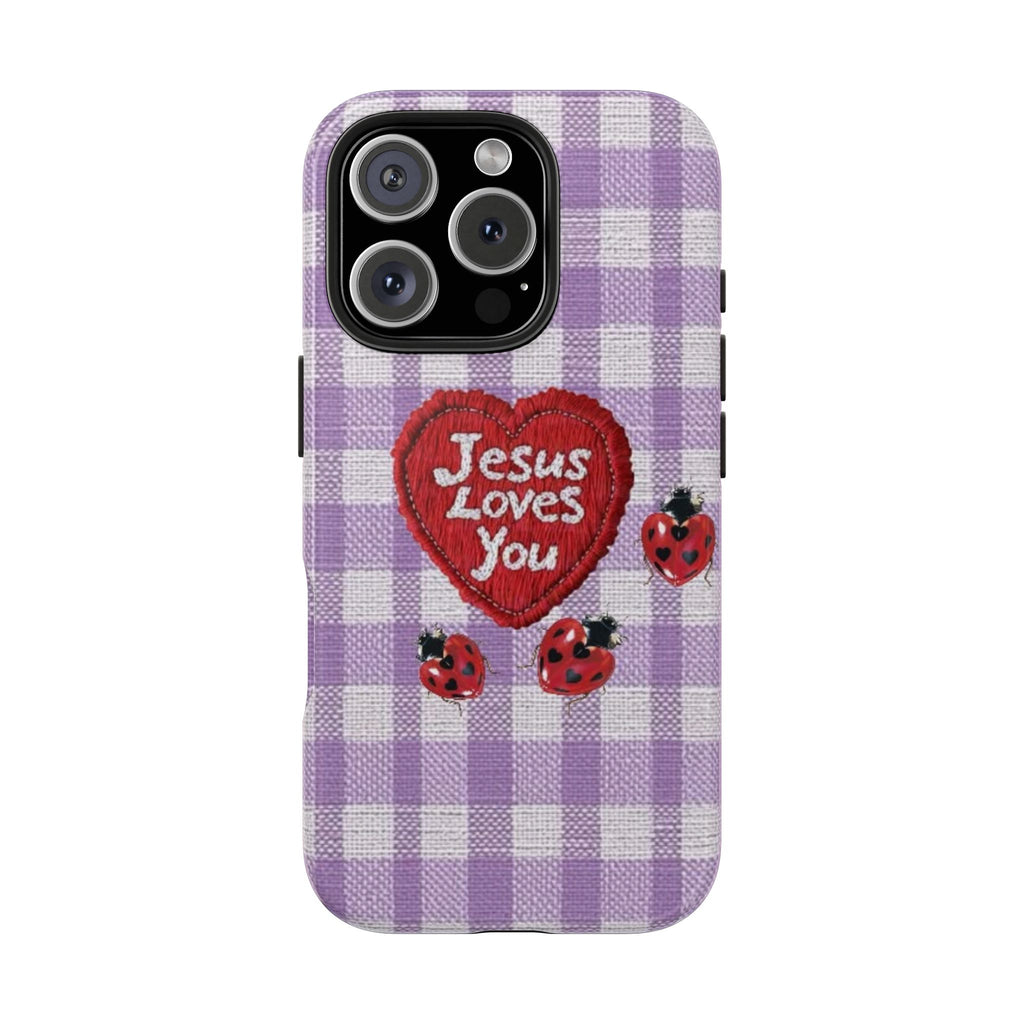 PURPLE GINGHAM JESUS LOVES YOU LADYBUG PHONE CASE