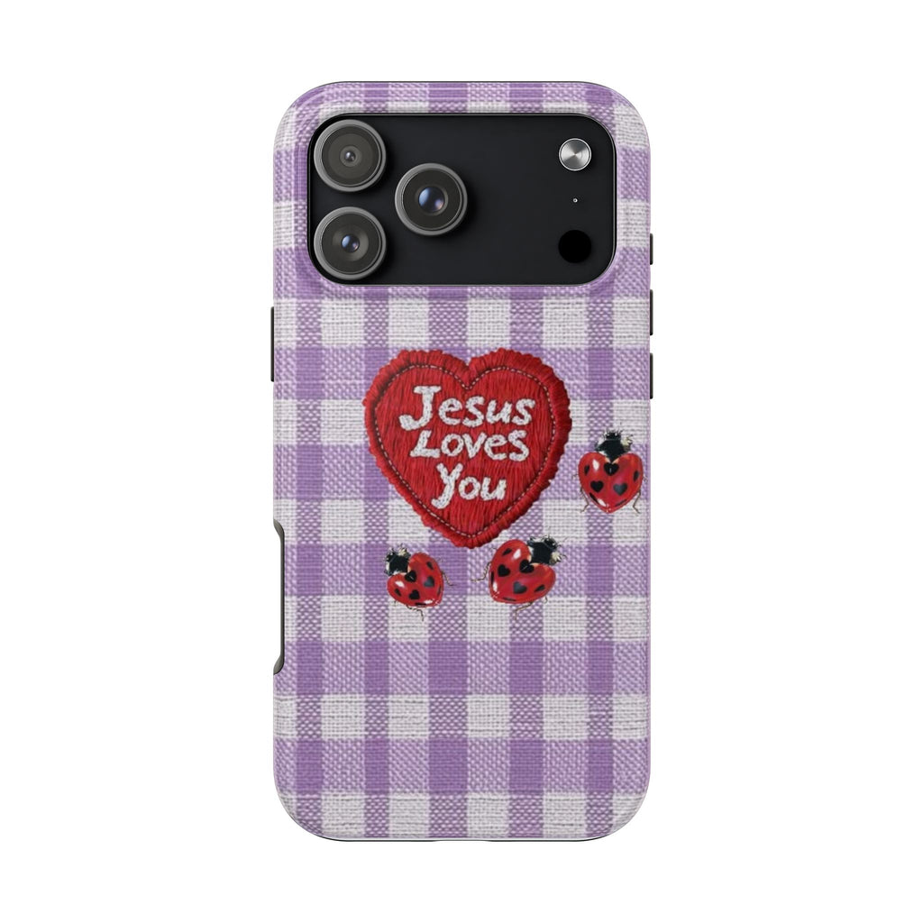 PURPLE GINGHAM JESUS LOVES YOU LADYBUG PHONE CASE