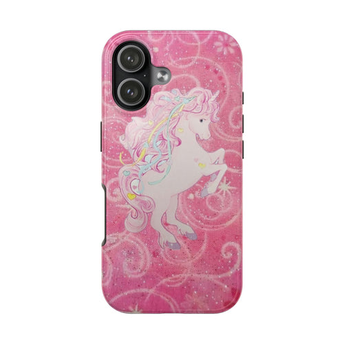 Pink glitter unicorn phone case with pink swirl pattern and illustrated unicorn face