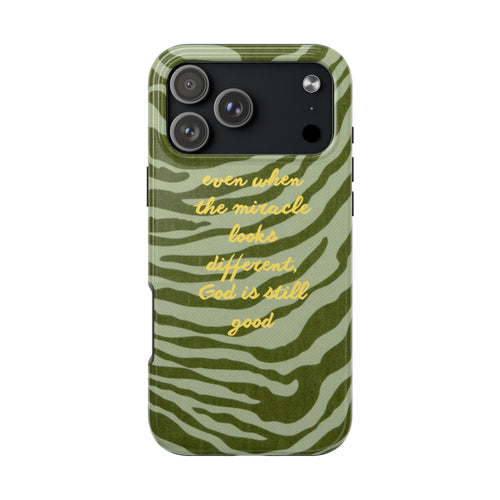 Green zebra-print tough phone case with yellow script, visible camera cutout