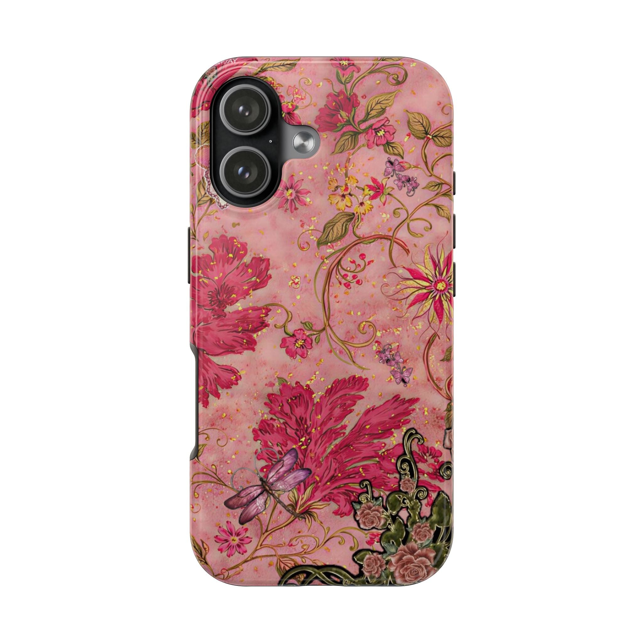 Pink floral embellished phone case with swirled vines and butterfly accents, camera cutouts