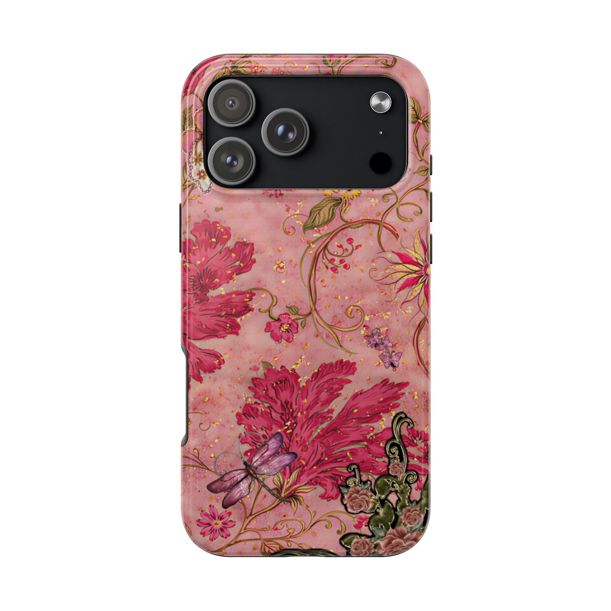 Pink floral phone case with ornate vines and butterfly motifs, visible camera cutouts