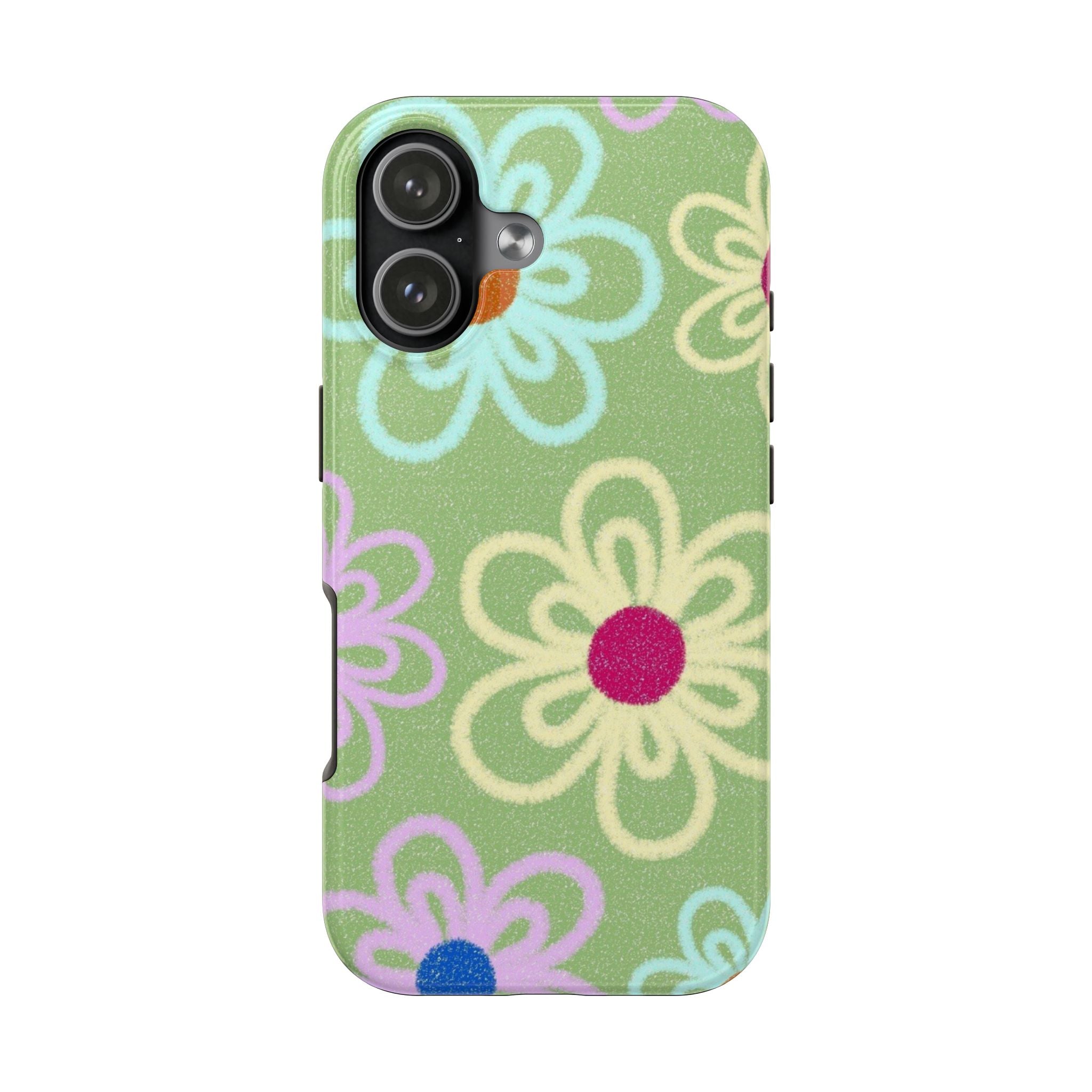 Green daisy floral phone case with pastel flowers and camera cutout