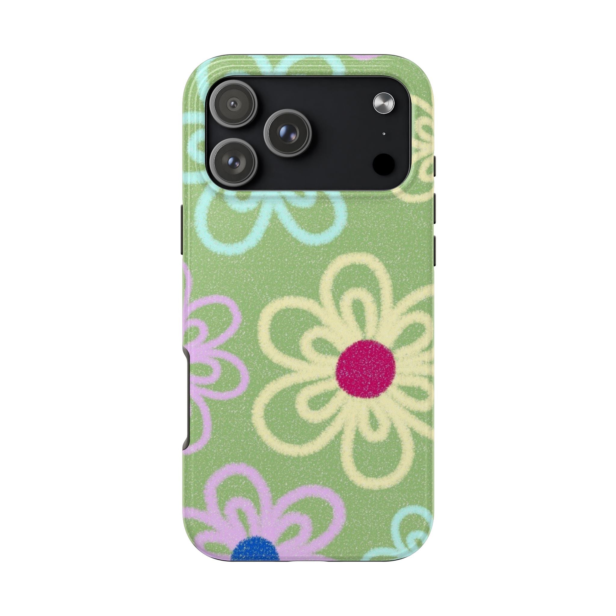 Green floral phone case with pastel daisies and rear camera opening