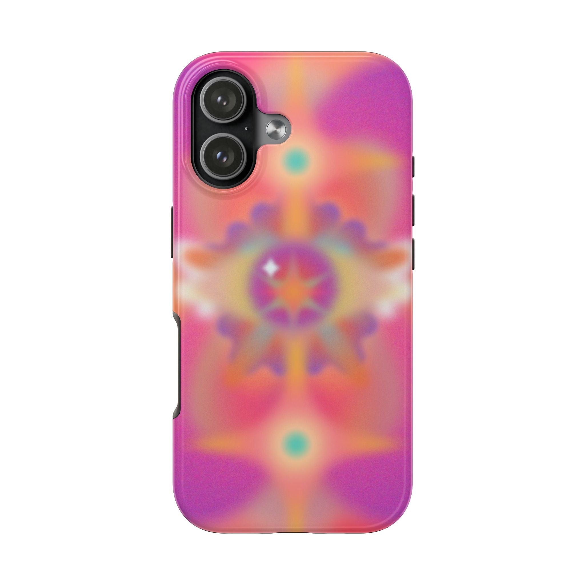 Purple abstract phone case with starburst pattern; camera cutouts and side buttons