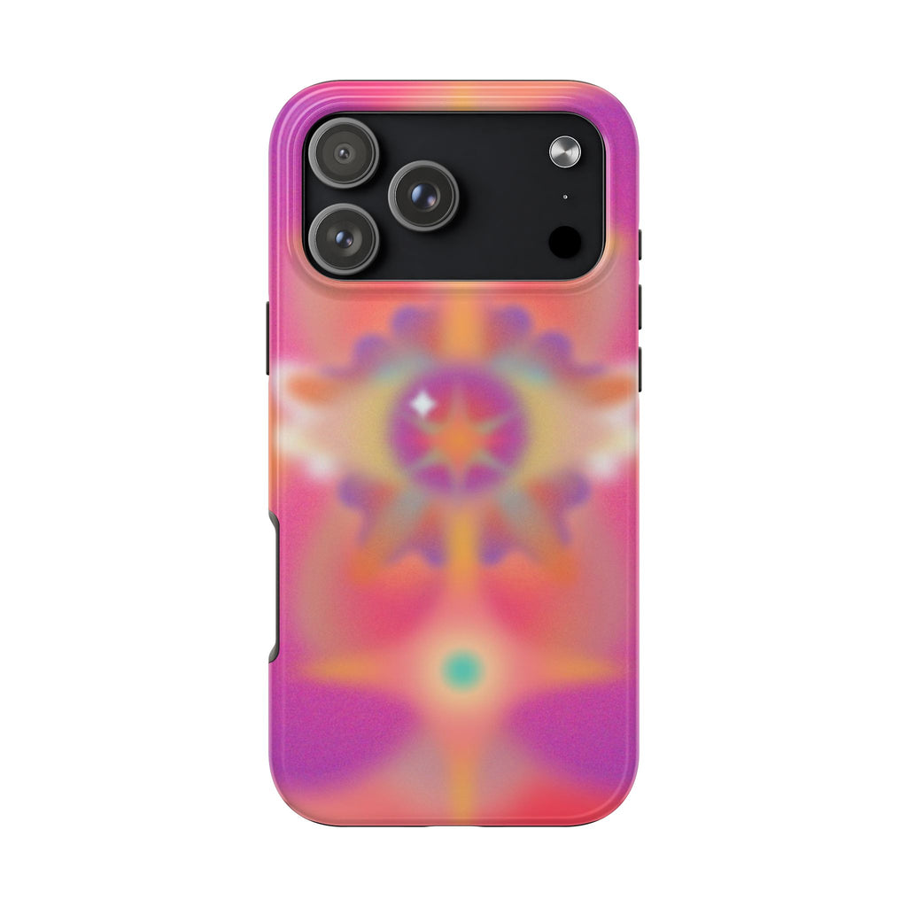 Purple-and-orange starburst phone case with black camera area; cutouts visible