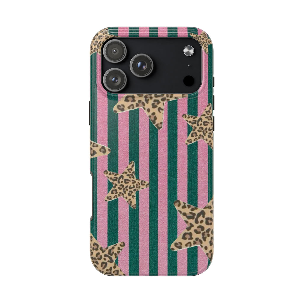 PINK & GREEN STRIPES LEOPARD STARS PHONE CASE