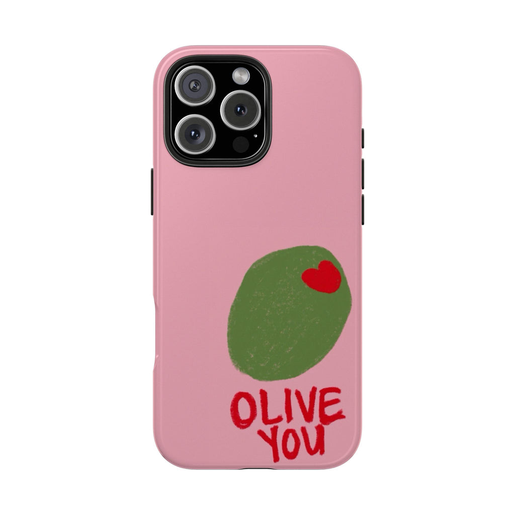Pink phone case with green olive graphic and red heart, OLIVE YOU text.
