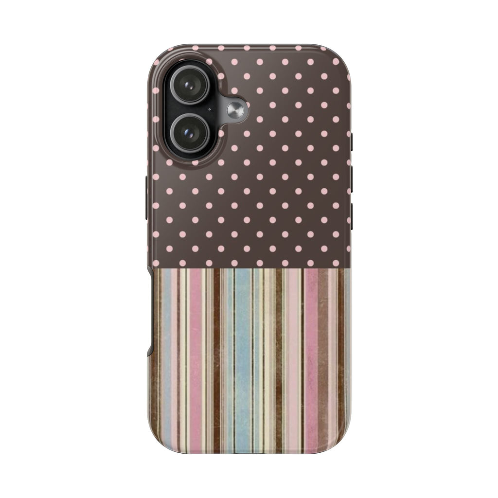 BROWN POLKA DOTS & PINK STRIPES COQUETTE PHONE CASE