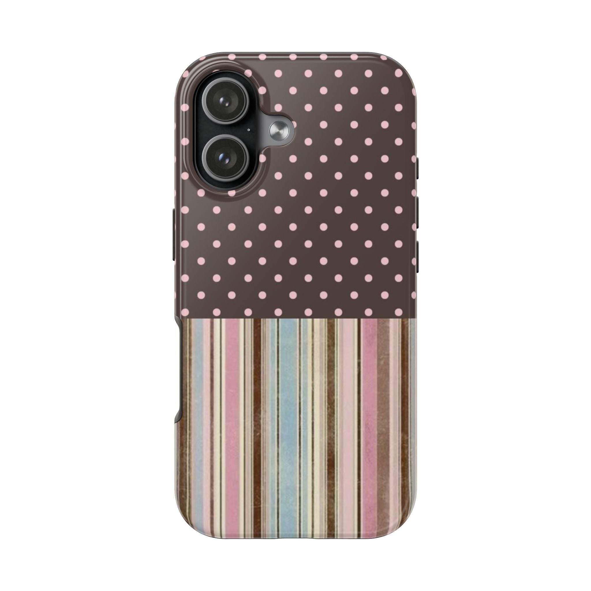 BROWN POLKA DOTS & PINK STRIPES COQUETTE PHONE CASE