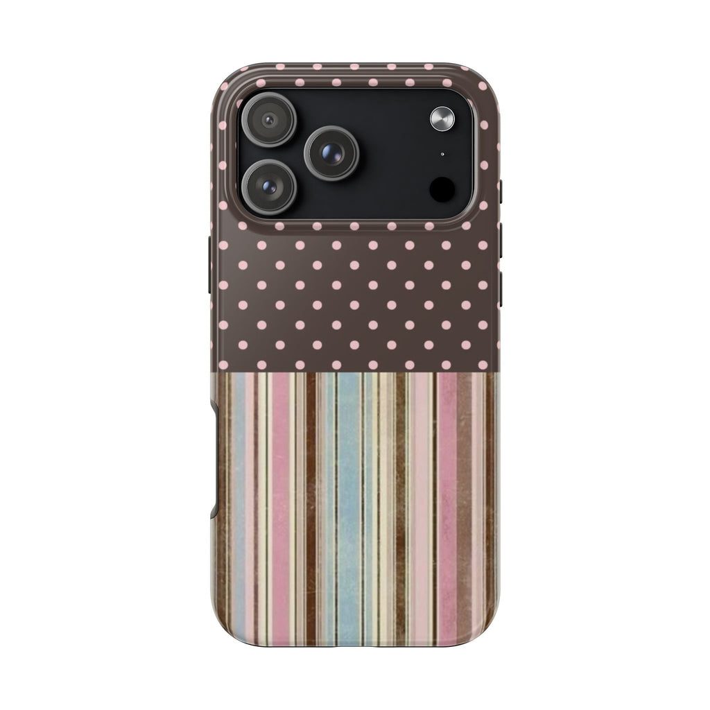 BROWN POLKA DOTS & PINK STRIPES COQUETTE PHONE CASE